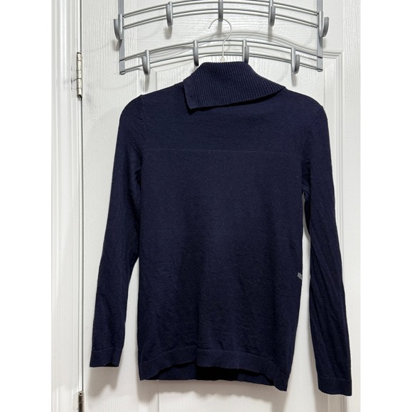 Talbots Women Navy Blue Cowl Neck Novelty Sweater Red Truck Dog Trees Size SP - Picture 2 of 16